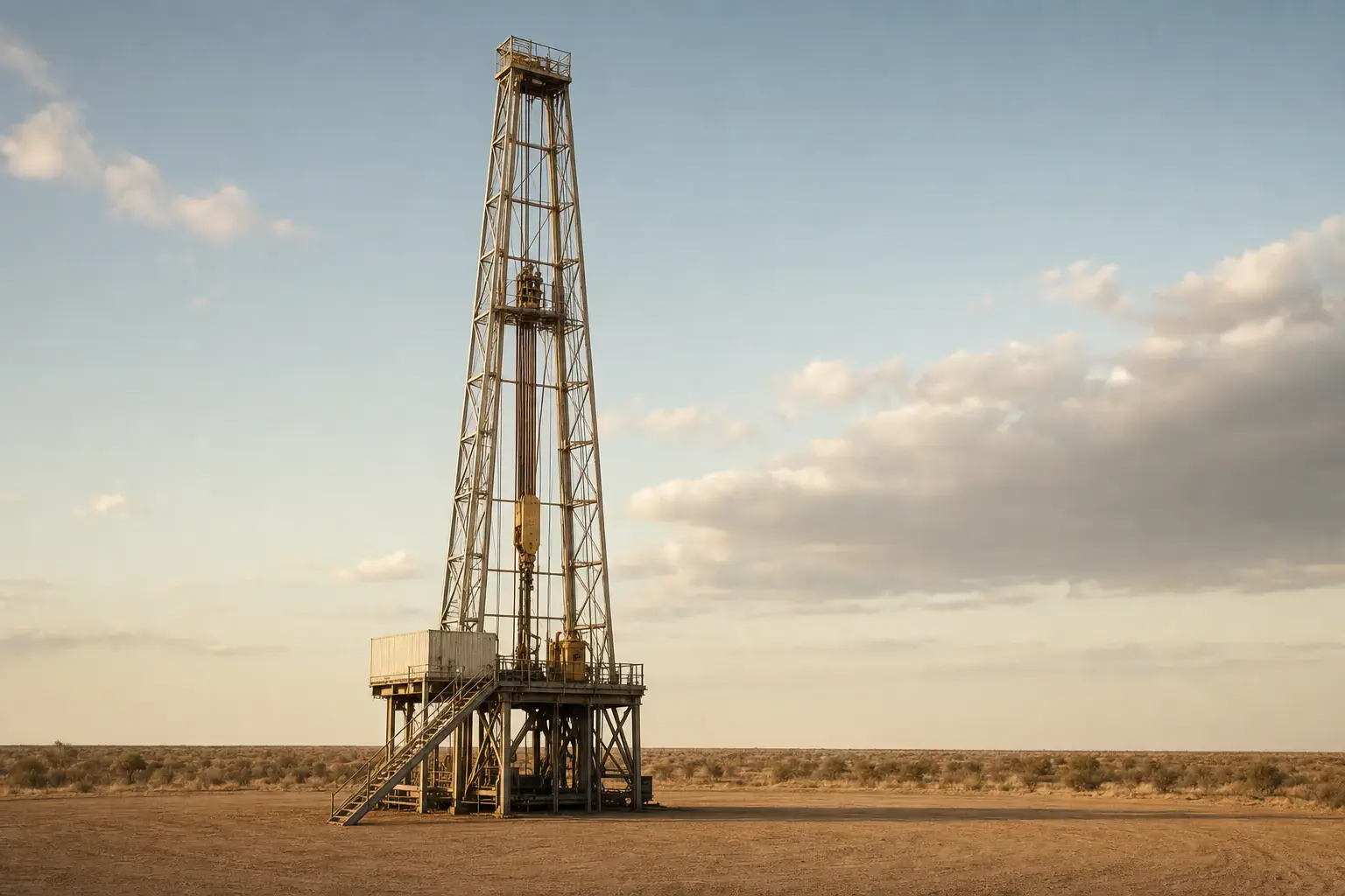 A torre de aço de uma sonda de perfuração de petróleo e gás em terra, sozinha no pátio de terra batida de um campo aberto, no fim da tarde.